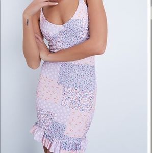 Pink Floral Print V Neck Frill Hem Bodycon Dress